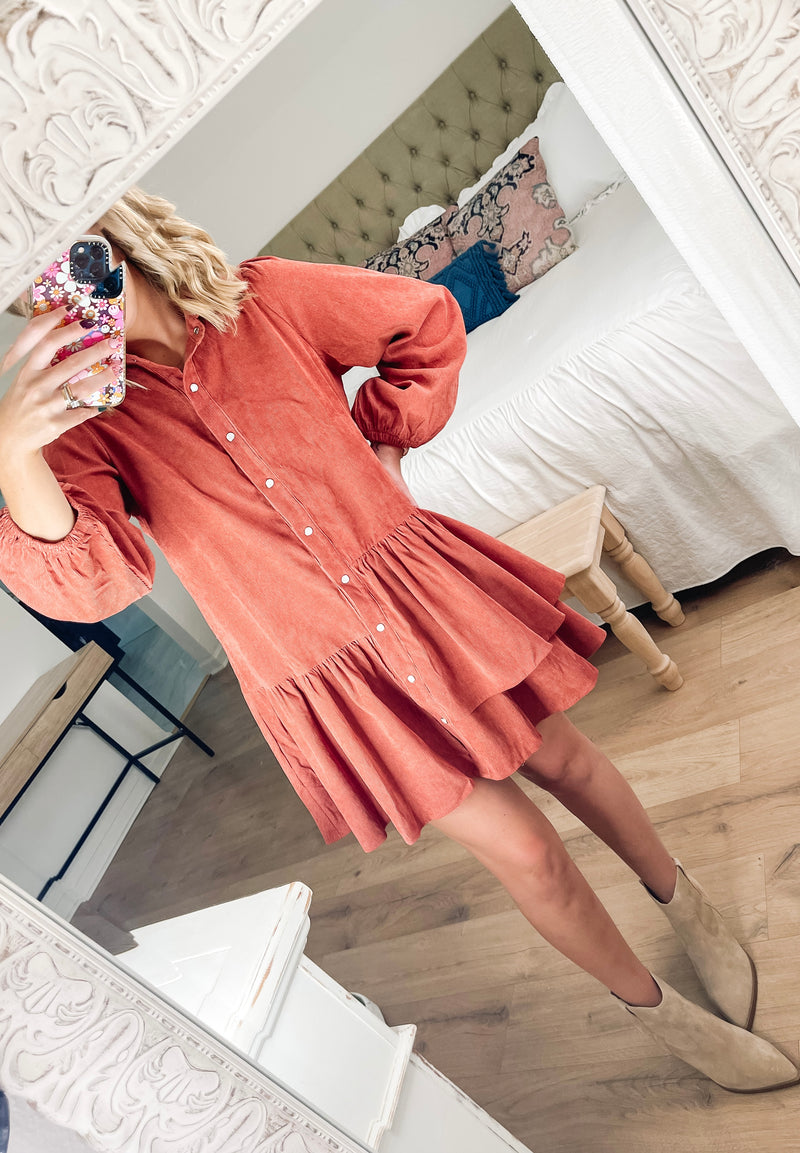 Corduroy Tiered Dress-Terracotta